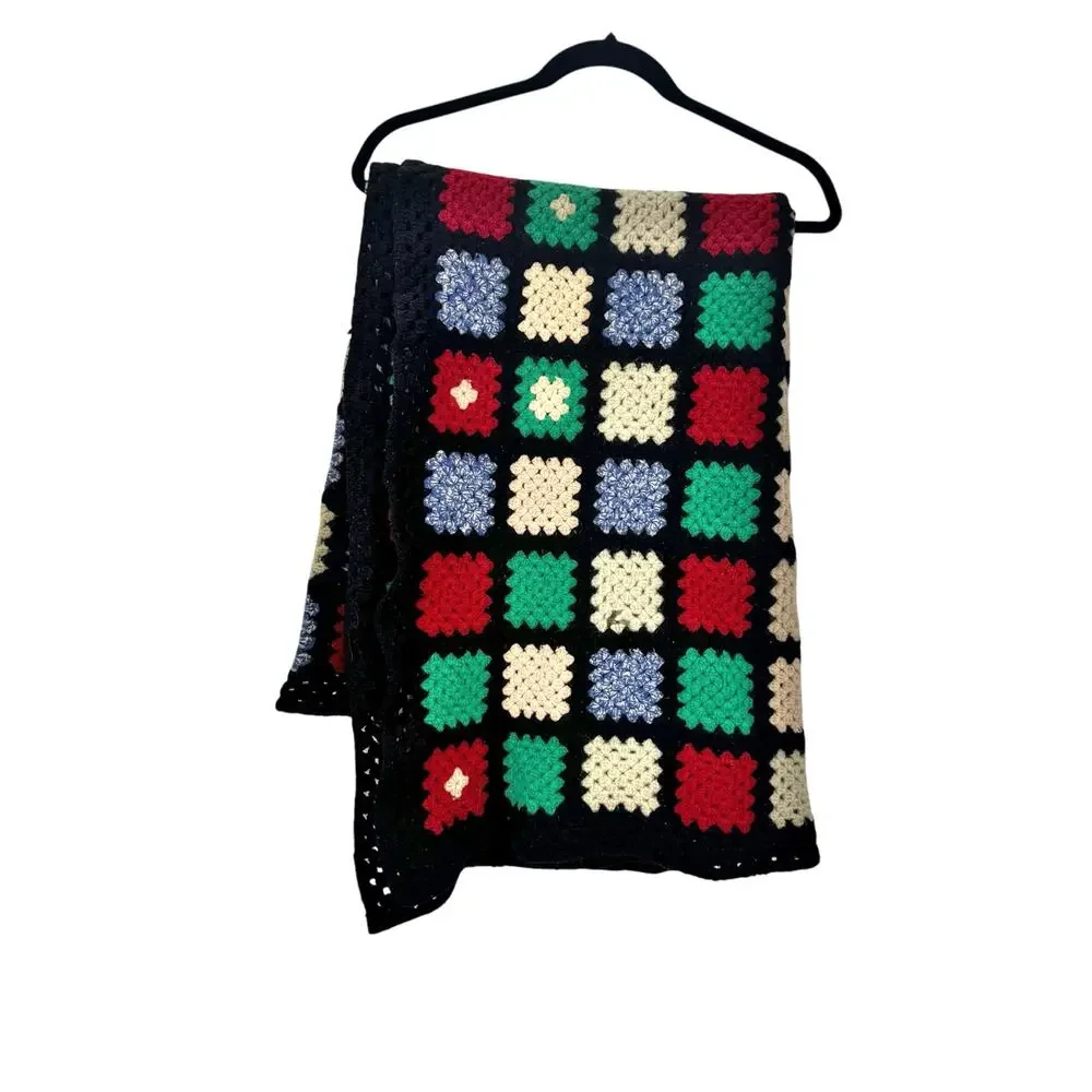 Vintage Granny Square Handmade Afghan Knitted Throw Blanket Multicolor 32”x43”